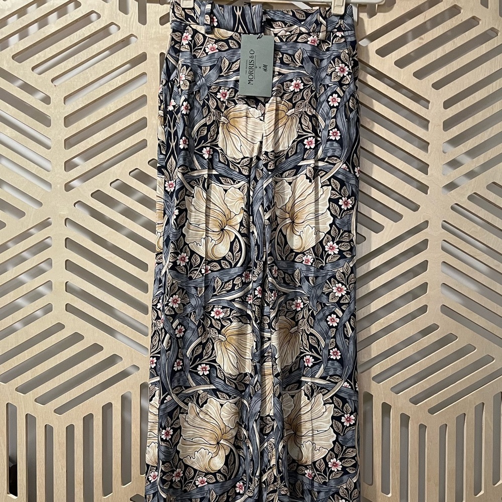 NWT - WILLIAMS MORRIS x H&M Blue-Yellow Flowers WIDE-LEG TROUSERS, SZ 0